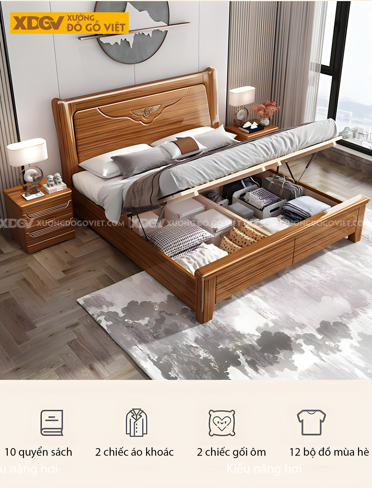 Giường Ngủ Lim Hiện Đại Gỗ Dày Đầu Dáng Cánh Chim Cách Điệu