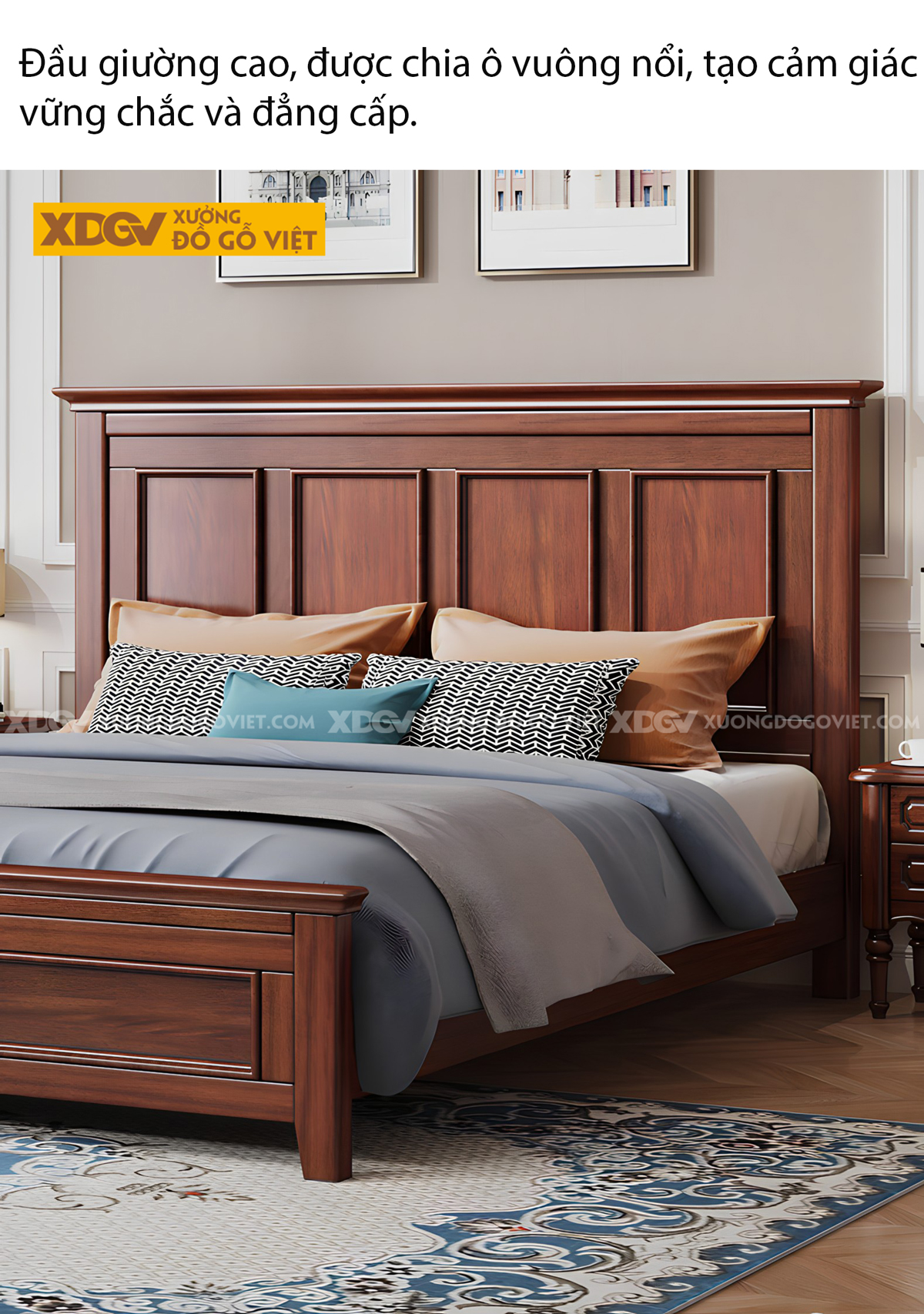 Giường Ngủ Lim Thịt Tân Cổ Điển Khung Gỗ Pano Phào Chỉ
