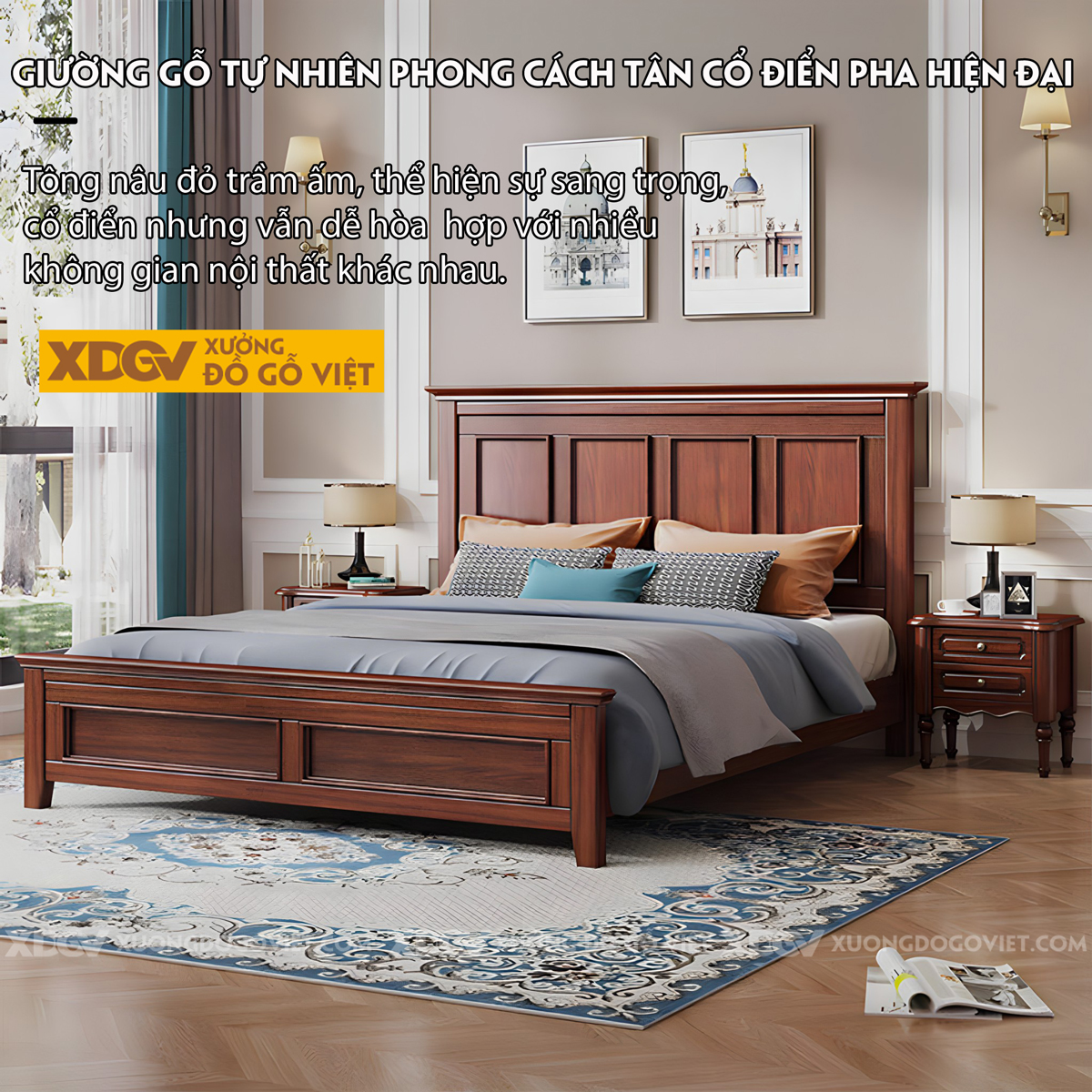 Giường Ngủ Lim Thịt Tân Cổ Điển Khung Gỗ Pano Phào Chỉ