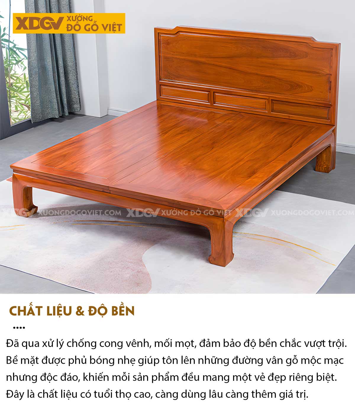 Giường Phản Gỗ Gõ Đỏ Hiện Đại Tối Giản Chân Quỳ Sang Trọng