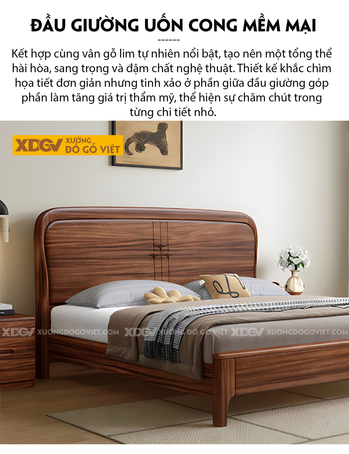 Giường Phòng Ngủ Gỗ Lim Chân Cao Đầu Uốn Cong Pano Họa Tiết