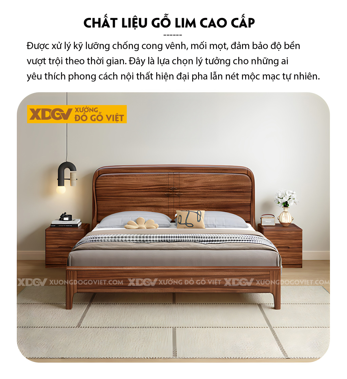 Giường Phòng Ngủ Gỗ Lim Chân Cao Đầu Uốn Cong Pano Họa Tiết