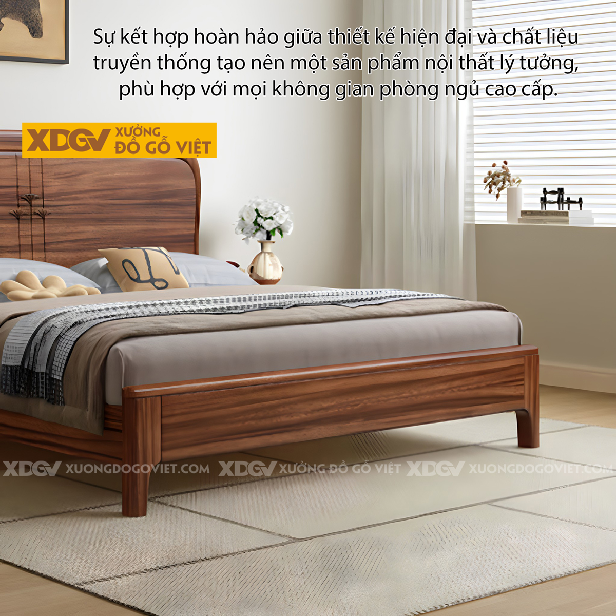 Giường Phòng Ngủ Gỗ Lim Chân Cao Đầu Uốn Cong Pano Họa Tiết