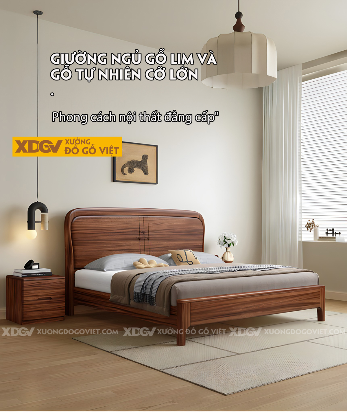 Giường Phòng Ngủ Gỗ Lim Chân Cao Đầu Uốn Cong Pano Họa Tiết