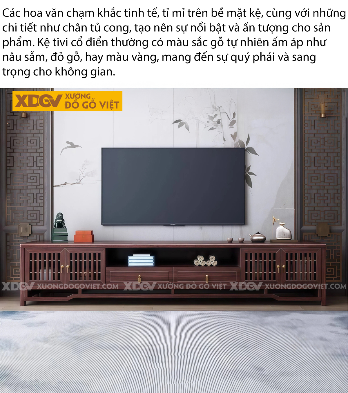 Kệ Để Tivi Gỗ Óc Chó Á Đông Cửa Chấn Song Đối Xứng Trang Nhã