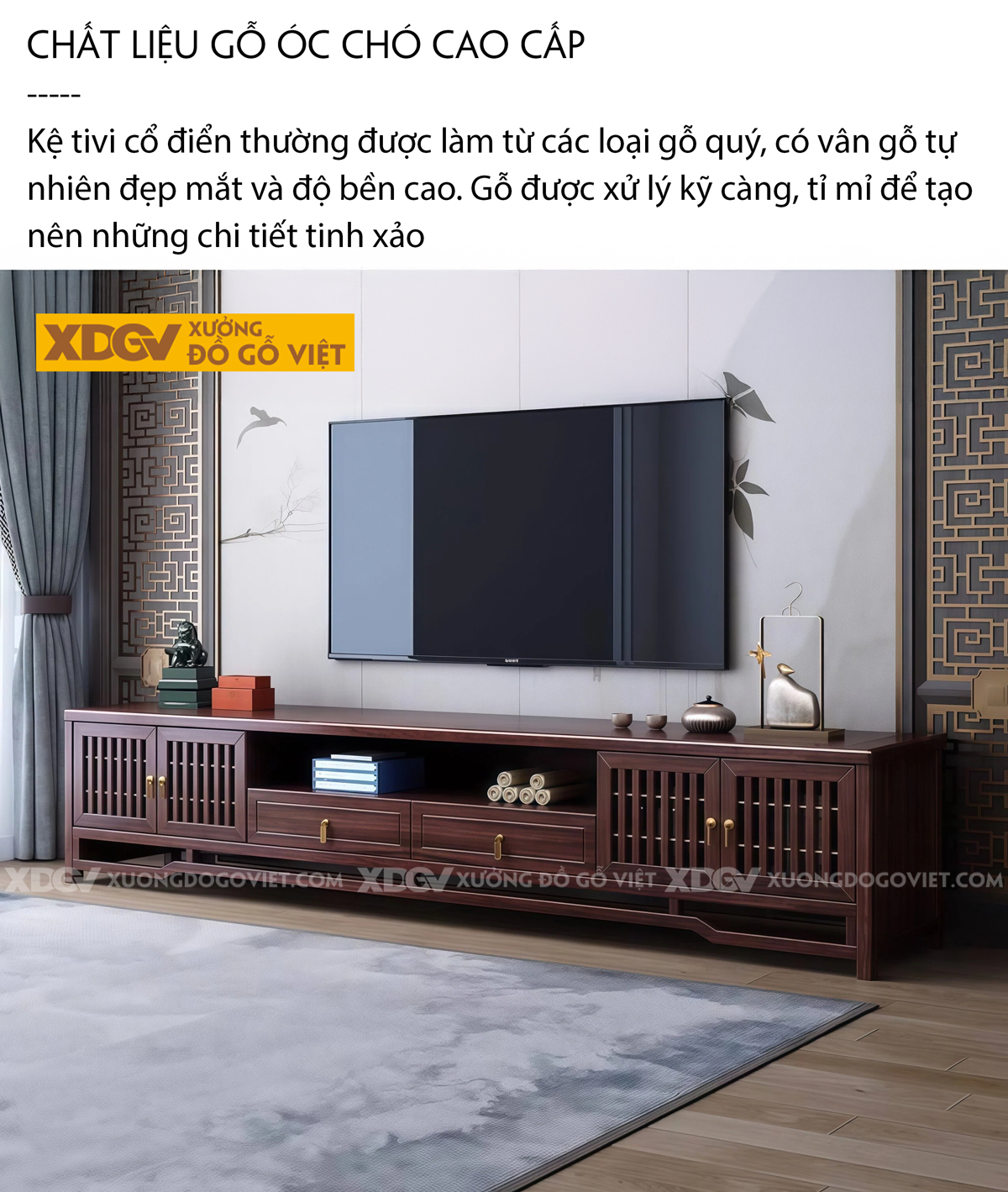 Kệ Để Tivi Gỗ Óc Chó Á Đông Cửa Chấn Song Đối Xứng Trang Nhã