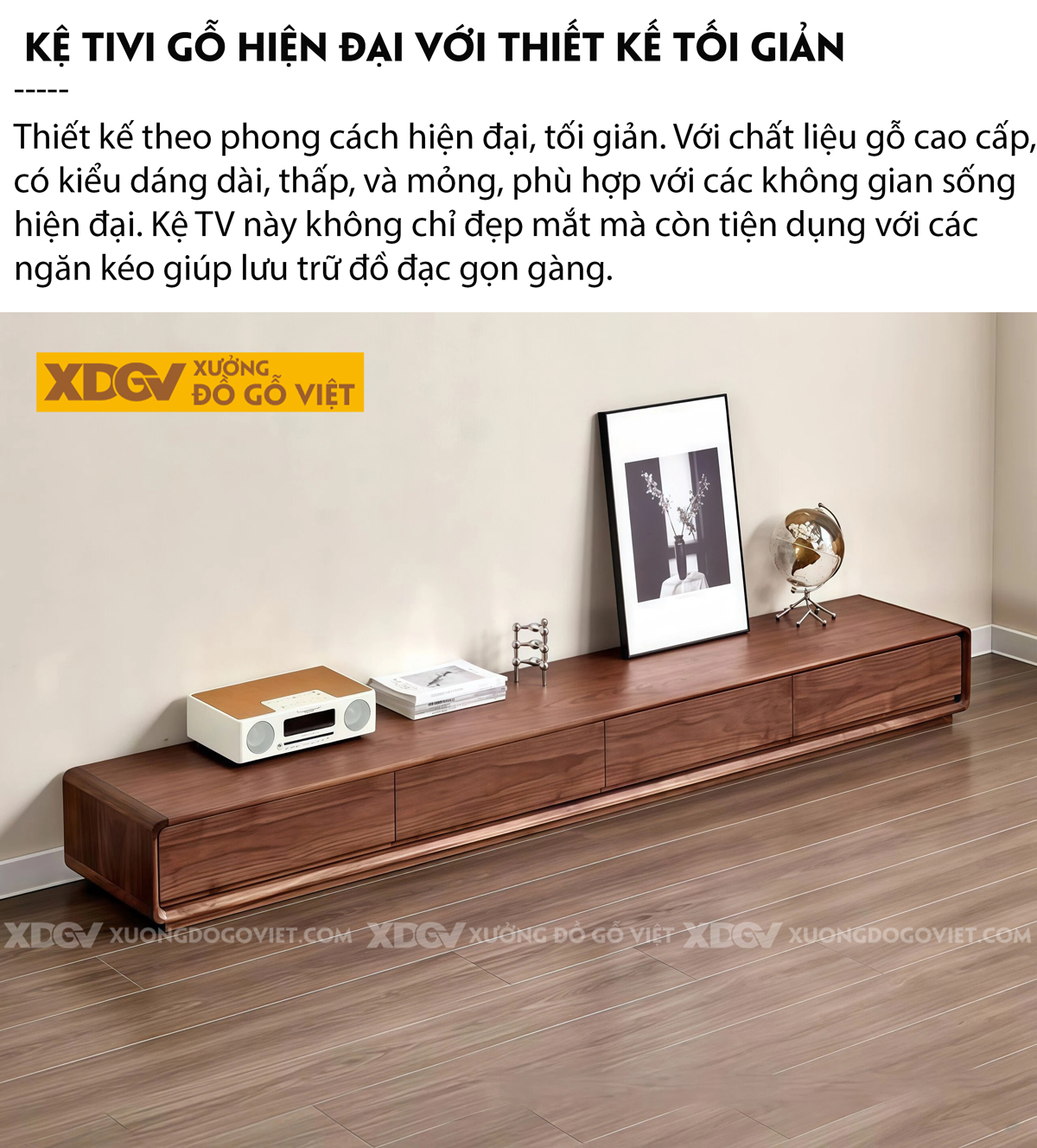 Kệ Để Tivi Gỗ Óc Chó Bo Cong Mềm Mại Dạng Sát Sàn Sang Trọng