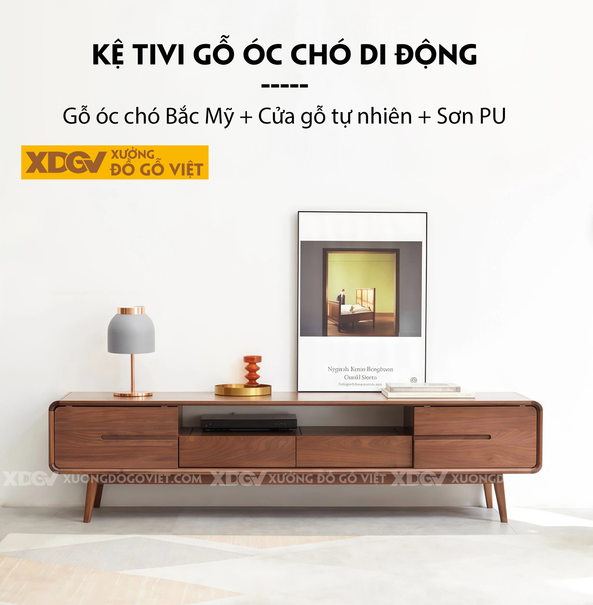 Kệ Để Tivi Gỗ Óc Chó Dáng Bo Tròn Tối Giản Chân Cao Tinh Tế