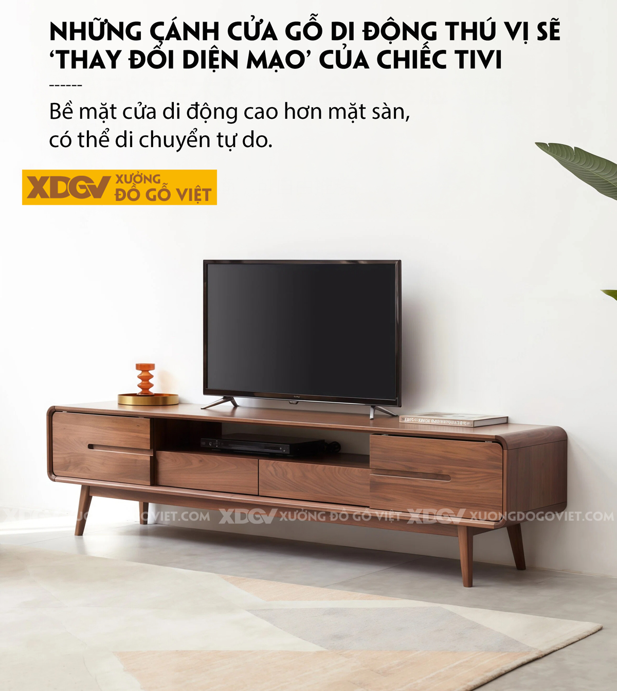 Kệ Để Tivi Gỗ Óc Chó Dáng Bo Tròn Tối Giản Chân Cao Tinh Tế