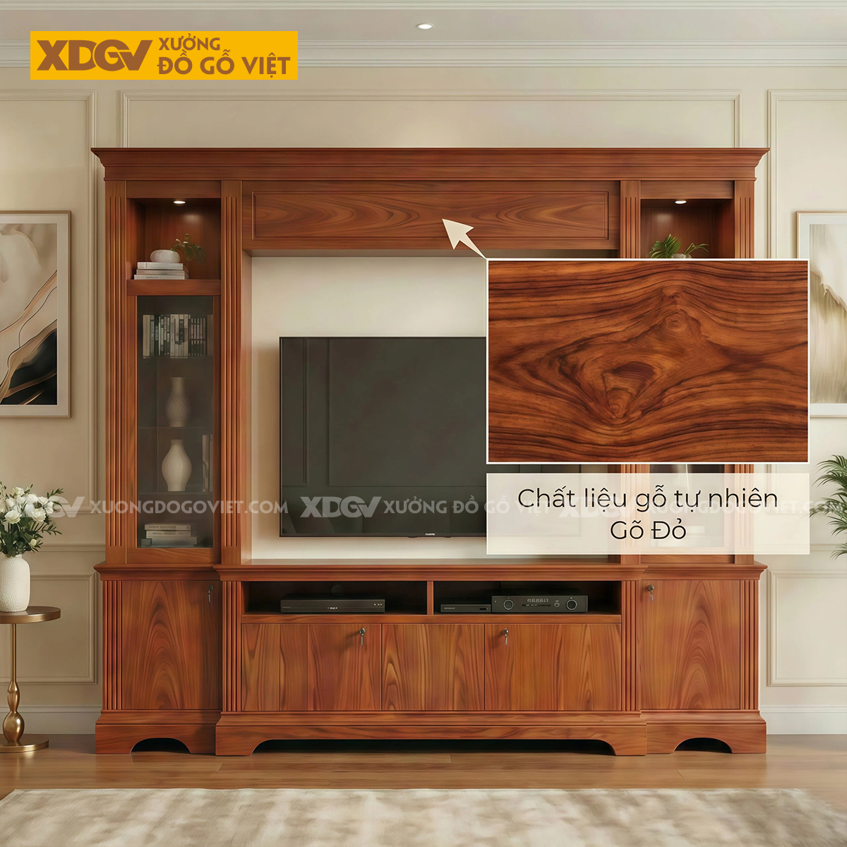 Kệ Để Tivi Kèm Tủ Trưng Bày Gỗ Gõ Đỏ Họa Tiết Kẻ Sọc Độc Đáo