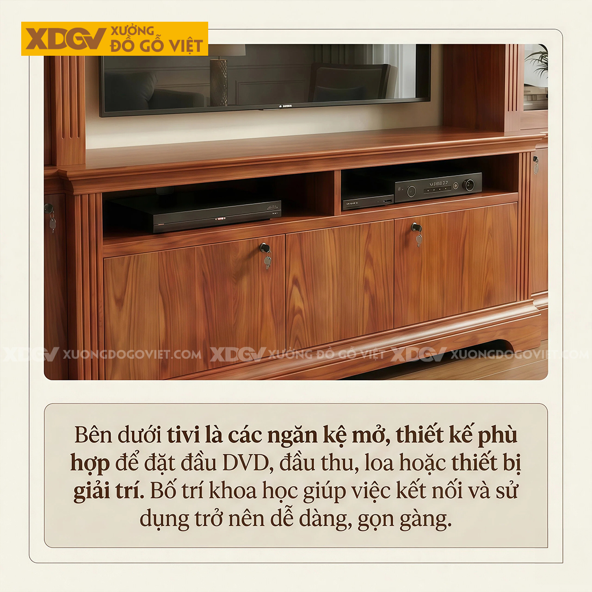 Kệ Để Tivi Kèm Tủ Trưng Bày Gỗ Gõ Đỏ Họa Tiết Kẻ Sọc Độc Đáo