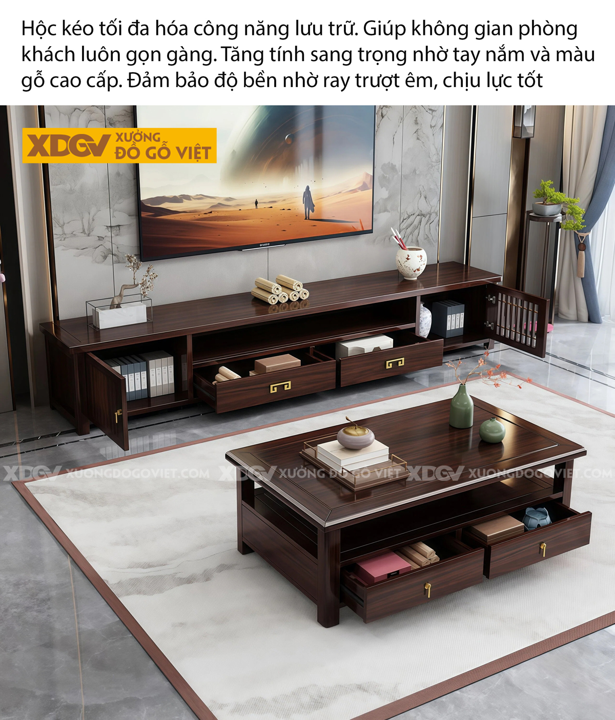 Kệ Để Tivi Phòng Khách Gỗ Óc Chó Khắc Rãnh Tinh Xảo Hiện Đại