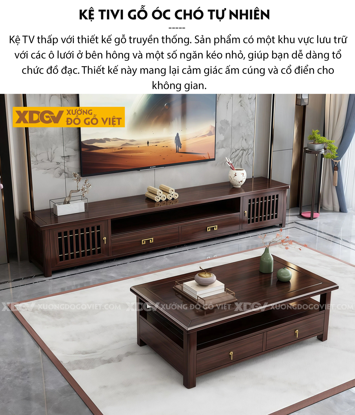 Kệ Để Tivi Phòng Khách Gỗ Óc Chó Khắc Rãnh Tinh Xảo Hiện Đại