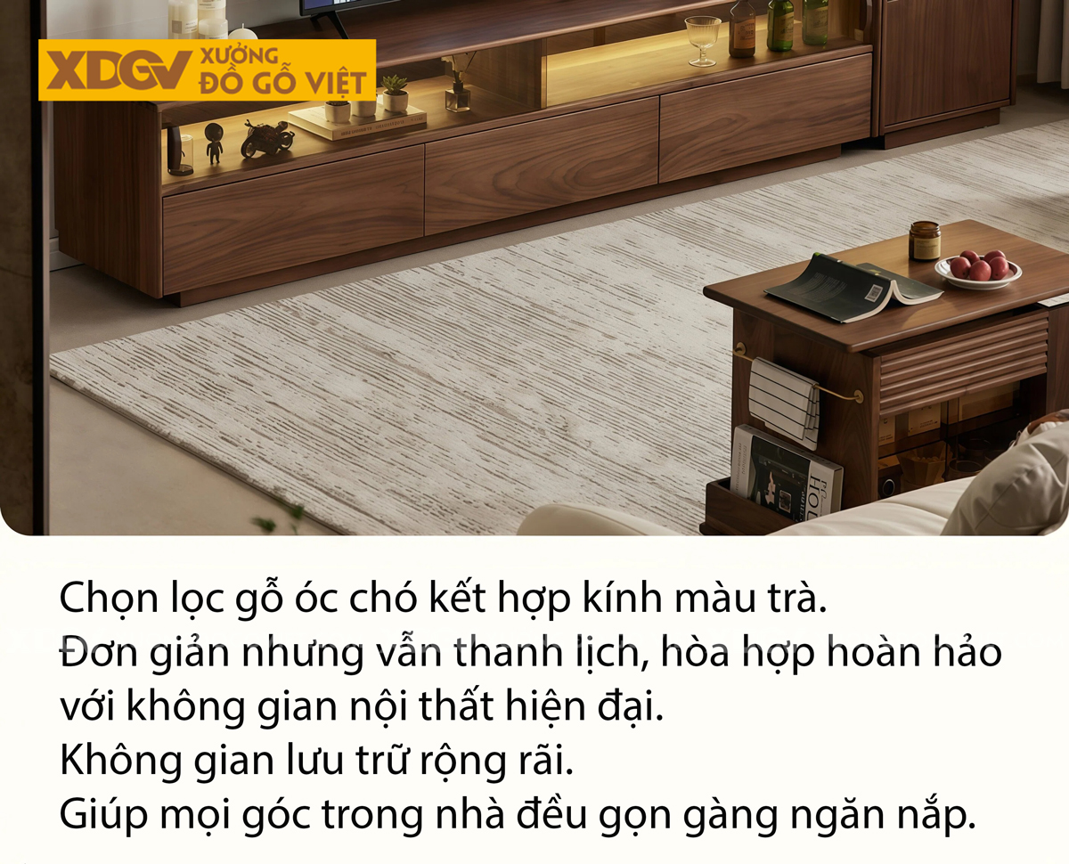 Kệ Để Tivi Phòng Khách Gỗ Óc Chó Tích Hợp Tủ Kính Sang Trọng