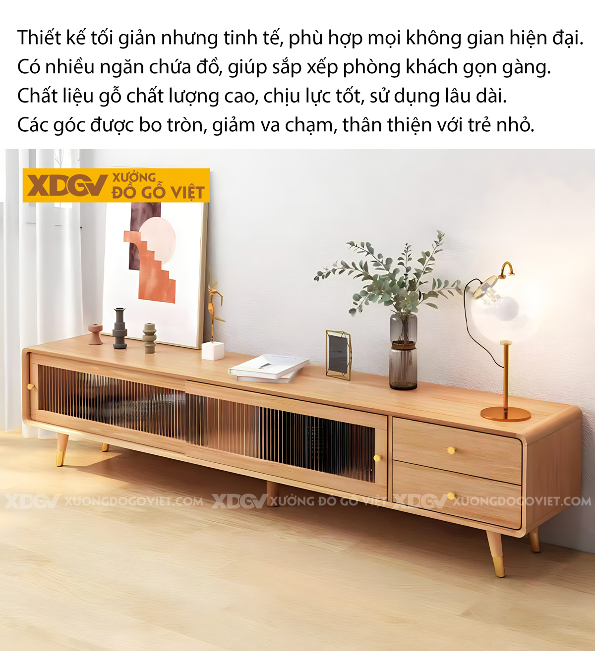 Kệ Để Tivi Sồi Mỹ Cánh Kính Lùa Gân Mờ Chân Bọc Kim Loại