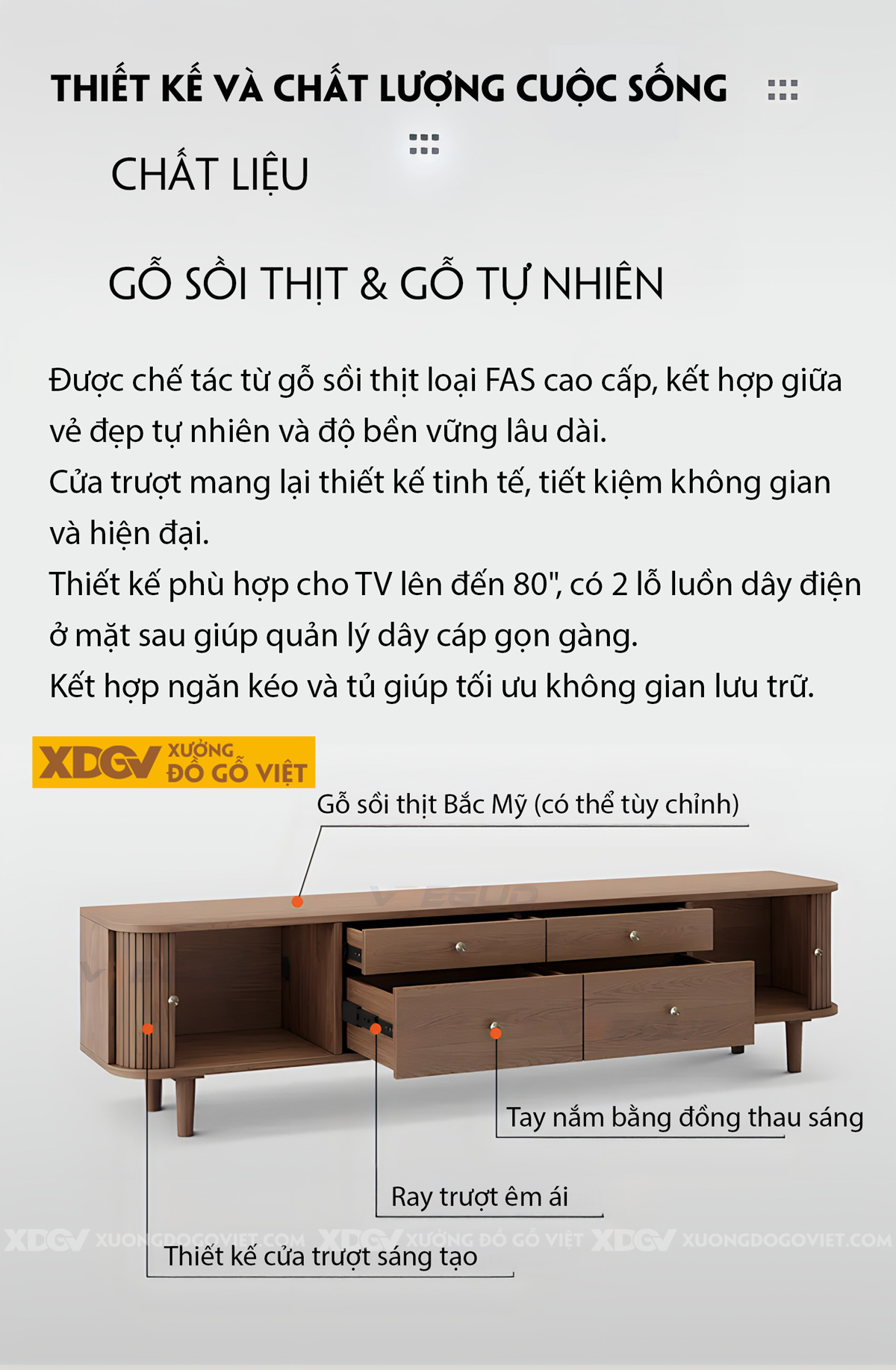 Kệ Để Tivi Sồi Mỹ Cánh Nan Trượt 2 Bên Kết Hợp Ngăn Kéo