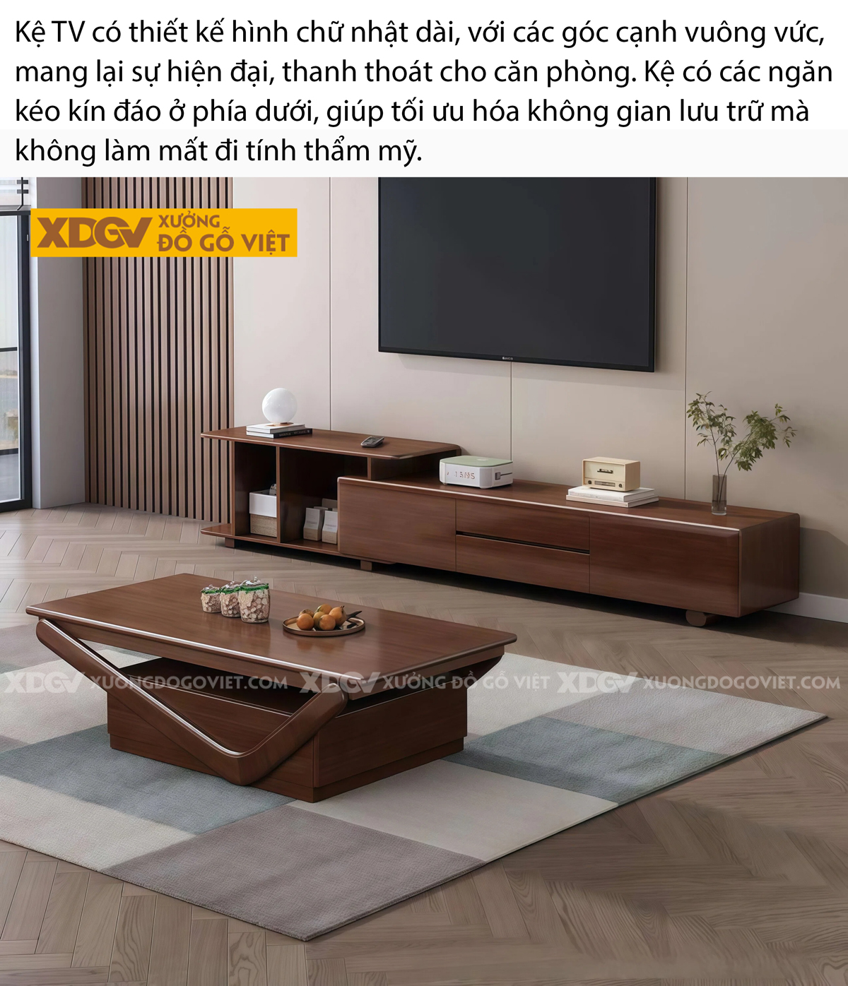 Kệ Để Tivi Trưng Bày Hiện Đại Gỗ Cao Su Mặt Đá Bo Tròn 2 Bên