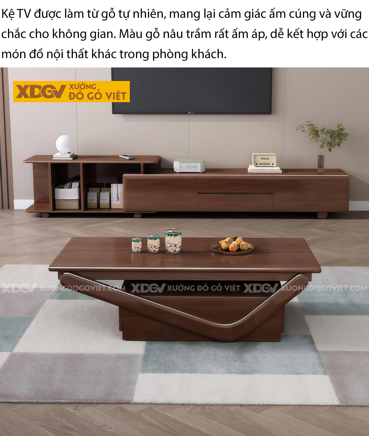 Kệ Để Tivi Trưng Bày Hiện Đại Gỗ Cao Su Mặt Đá Bo Tròn 2 Bên