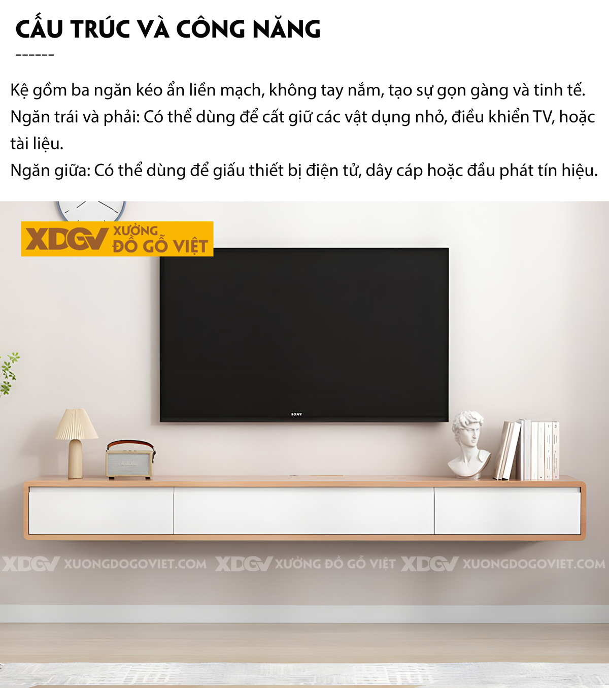 Kệ Tivi Âm Tường Gỗ Sồi Hiện Đại Tối Giản Bo Góc Tay Âm Trên