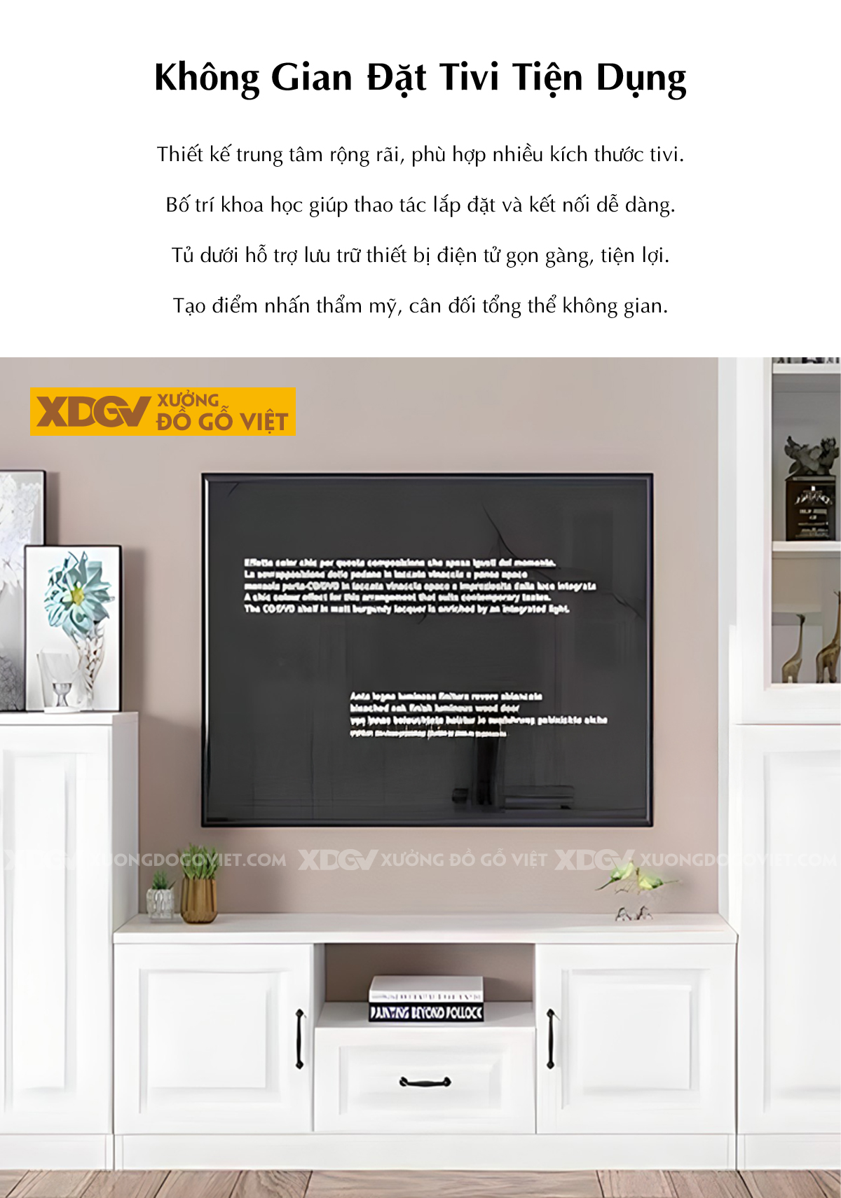 Kệ Tivi Cao Su Trắng Liền Tủ Đối Xứng 2 Bên Nhiều Buồng