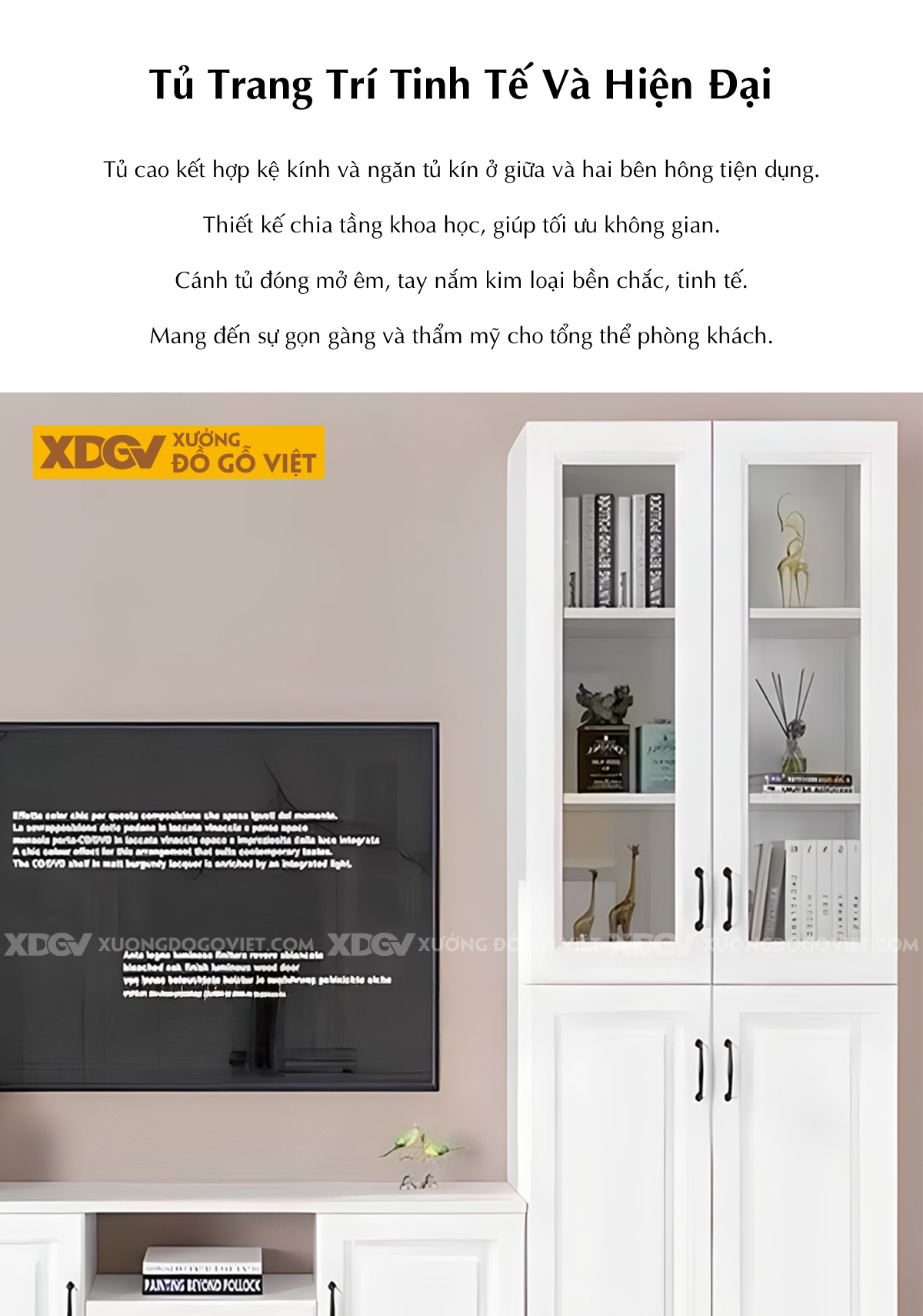 Kệ Tivi Cao Su Trắng Liền Tủ Đối Xứng 2 Bên Nhiều Buồng