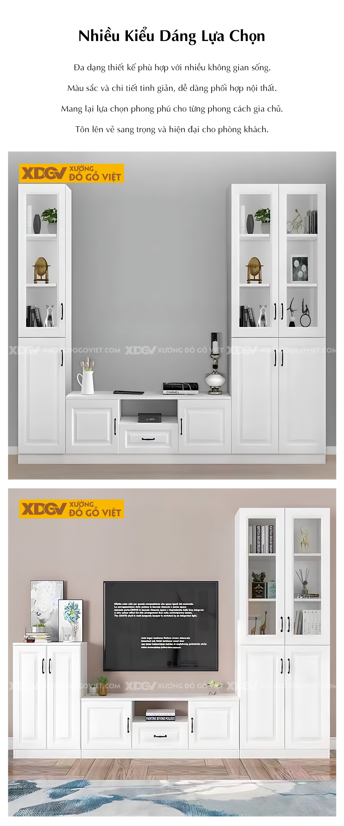 Kệ Tivi Cao Su Trắng Liền Tủ Đối Xứng 2 Bên Nhiều Buồng