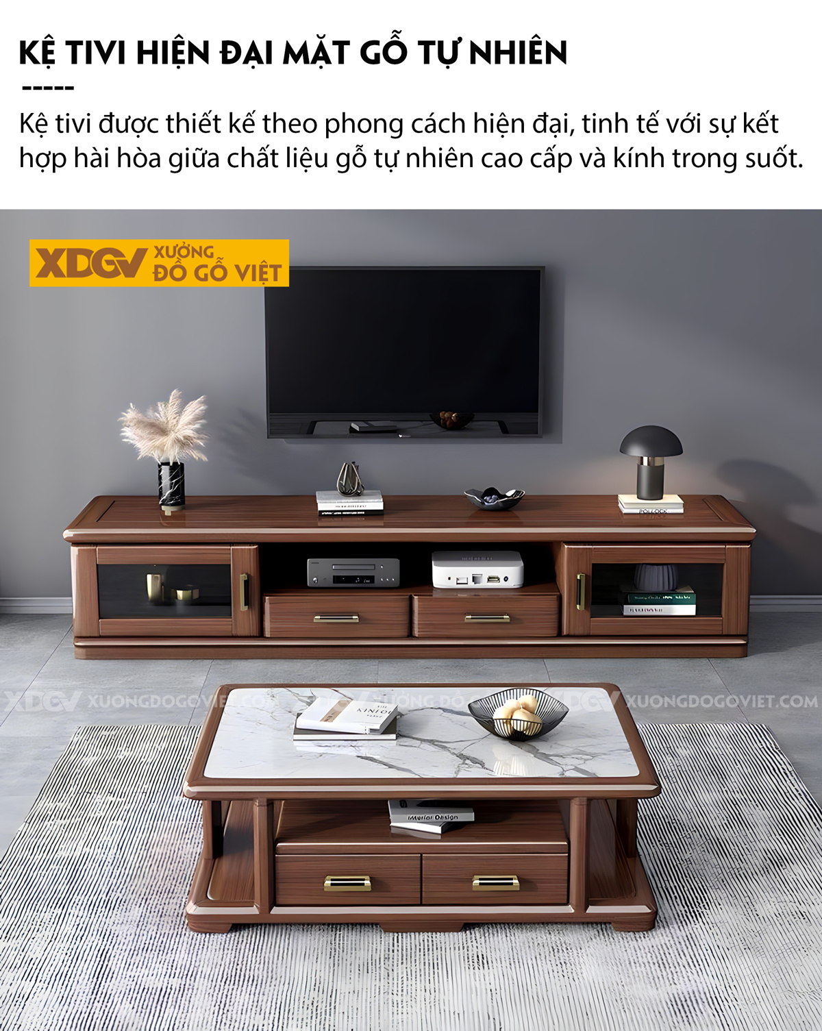 Kệ Tivi Đặt Sàn Gỗ Sồi Mỹ Dày Hiện Đại Có Cánh Kính Trong