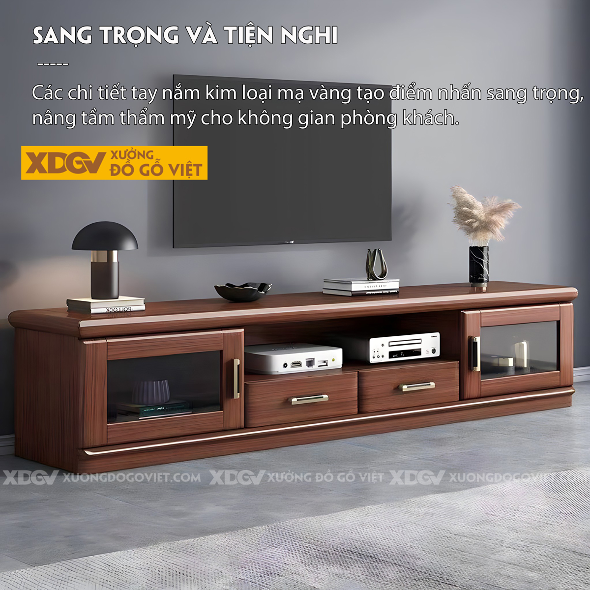 Kệ Tivi Đặt Sàn Gỗ Sồi Mỹ Dày Hiện Đại Có Cánh Kính Trong