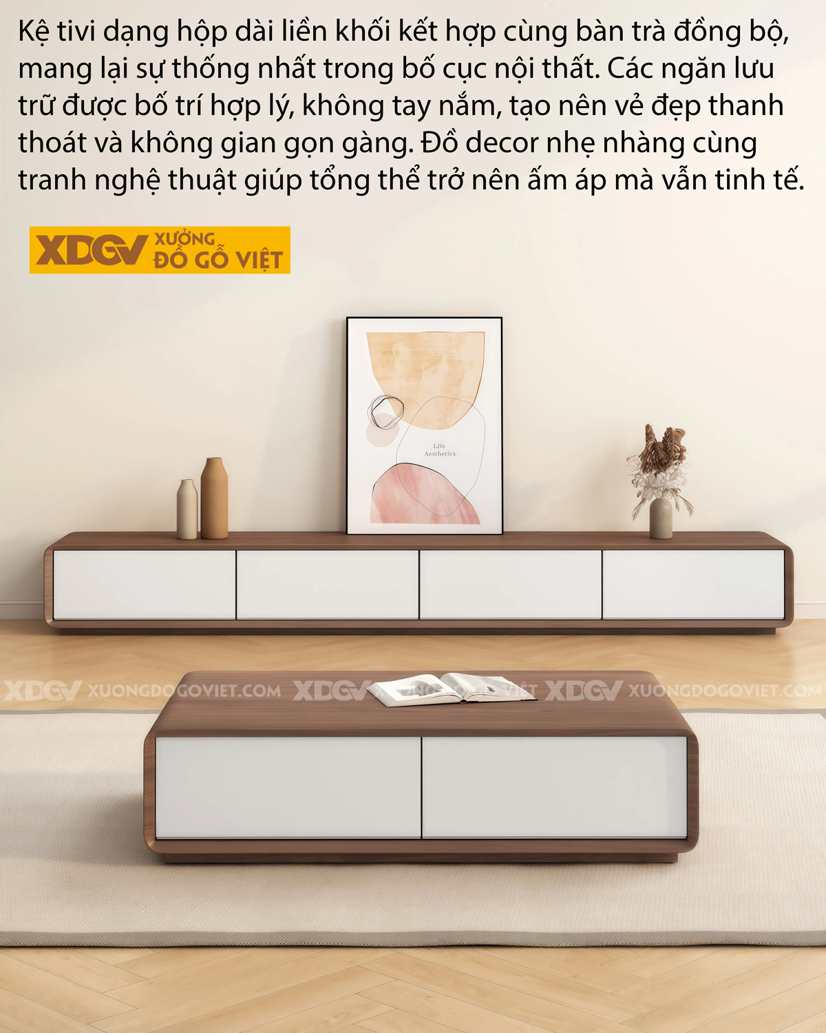 Kệ Tivi Gỗ Óc Chó Kiểu Dáng Thấp Bo Tròn Phong Cách Hiện Đại