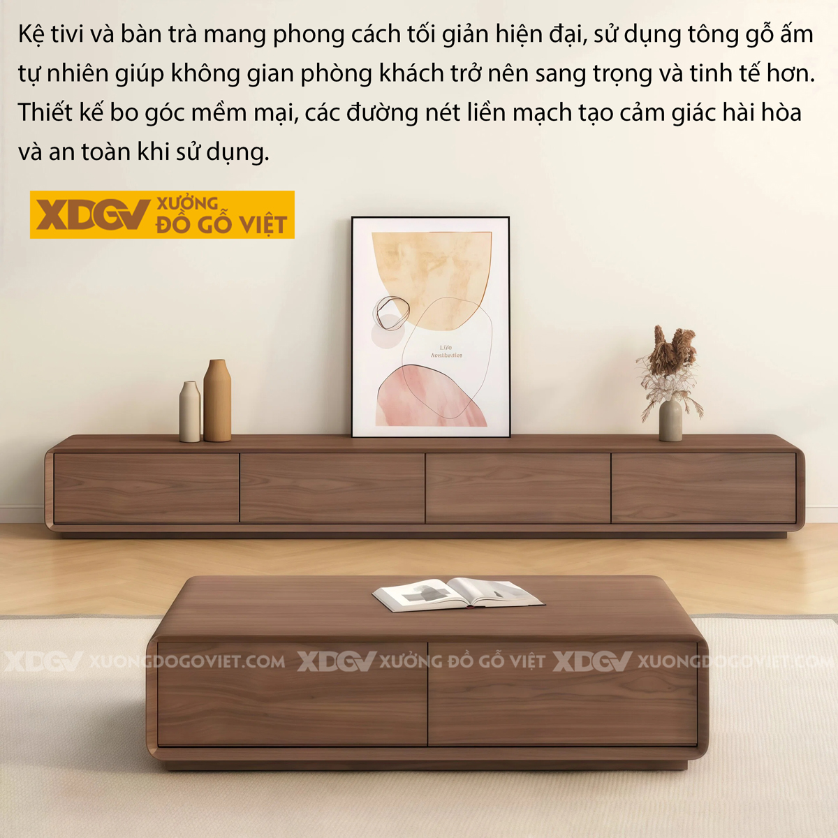 Kệ Tivi Gỗ Óc Chó Kiểu Dáng Thấp Bo Tròn Phong Cách Hiện Đại