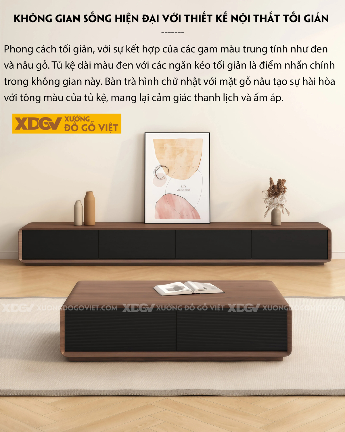 Kệ Tivi Gỗ Óc Chó Kiểu Dáng Thấp Bo Tròn Phong Cách Hiện Đại