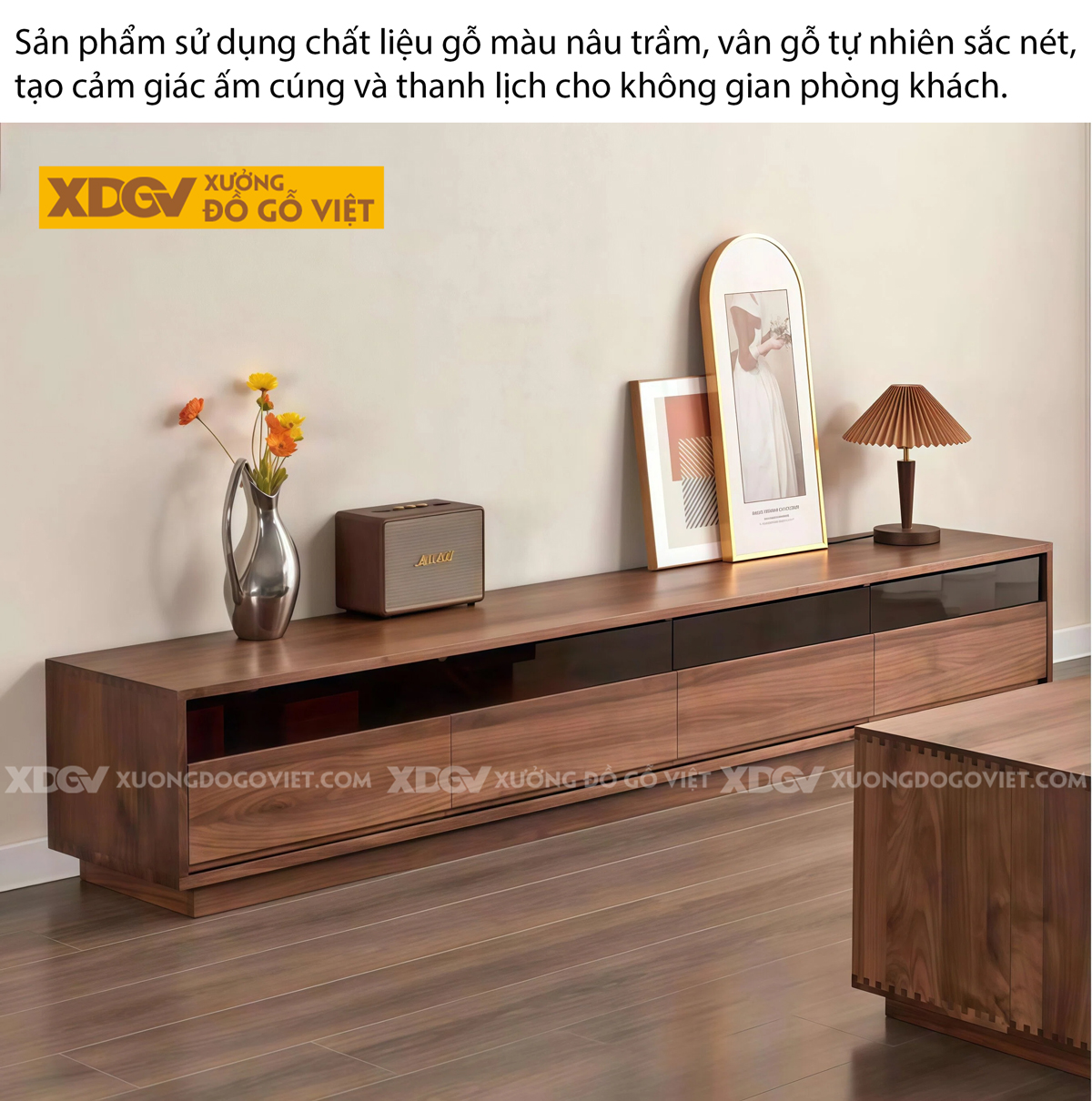 Kệ Tivi Gỗ Óc Chó Thiết Kế Hiện Đại Tích Hợp Kính Sang Trọng