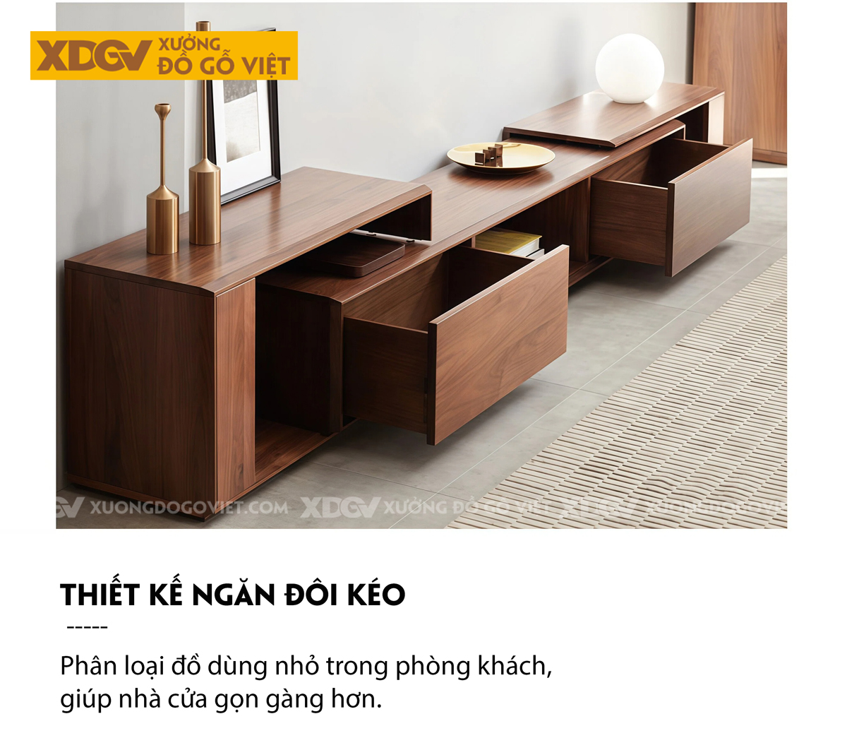 Kệ Tivi Gỗ Óc Chó Với Ngăn Kéo Hai Bên Kèm Hộc Tủ Trung Tâm