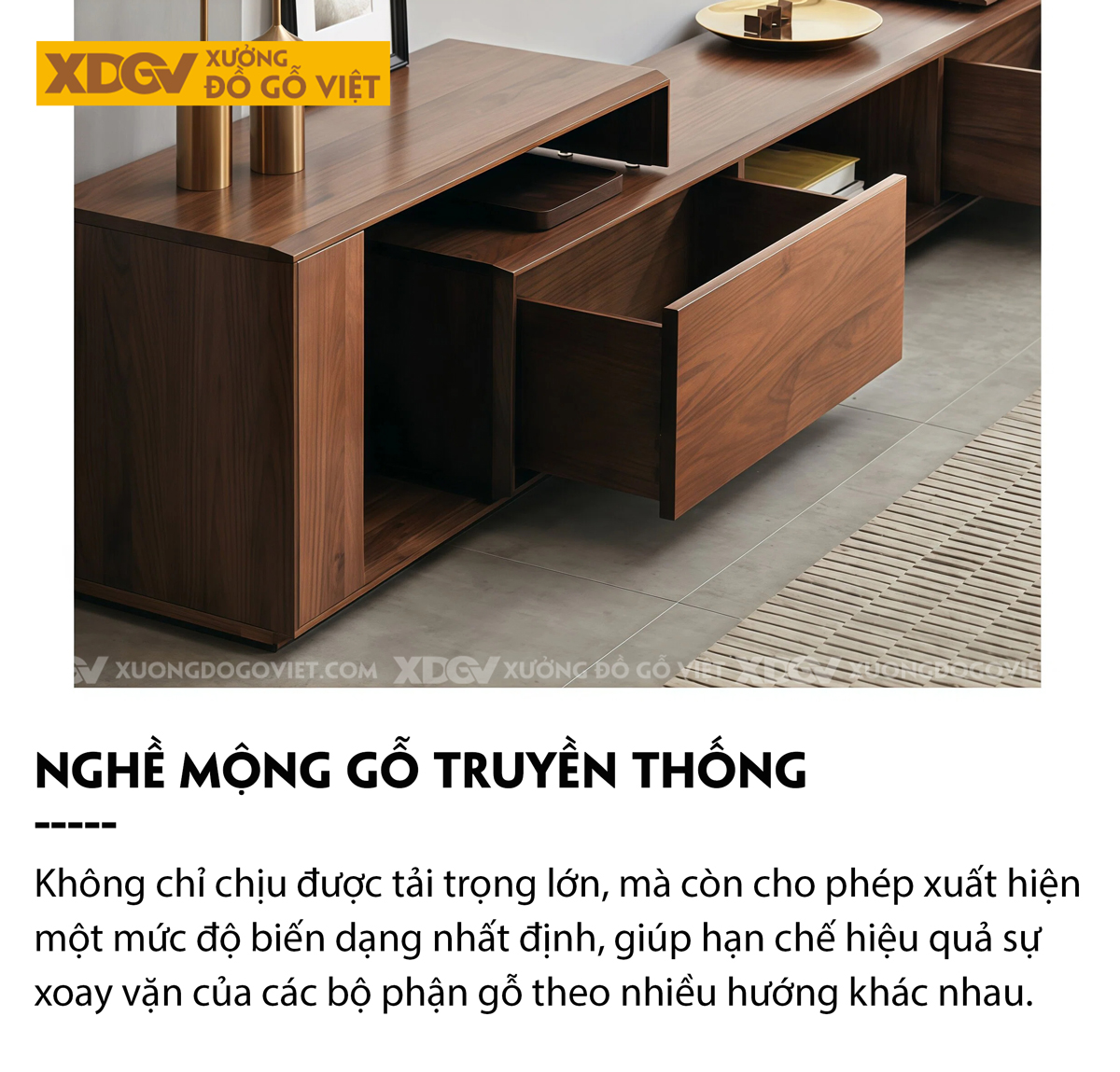 Kệ Tivi Gỗ Óc Chó Với Ngăn Kéo Hai Bên Kèm Hộc Tủ Trung Tâm