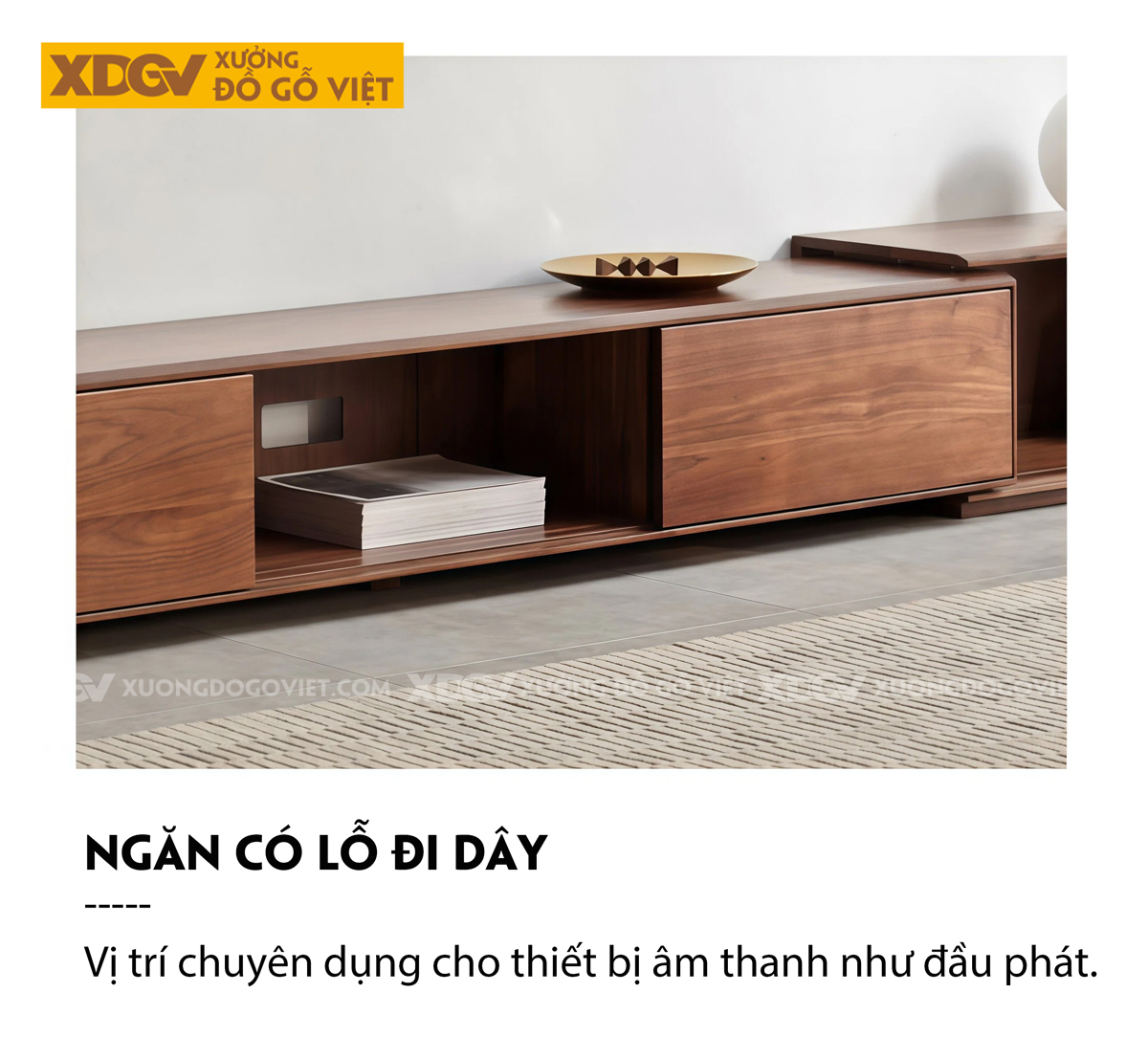 Kệ Tivi Gỗ Óc Chó Với Ngăn Kéo Hai Bên Kèm Hộc Tủ Trung Tâm