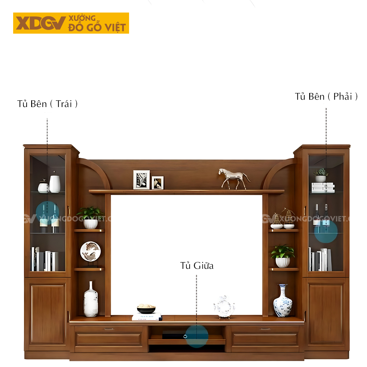 Kệ Tivi Gỗ Sồi Kết Hợp Tủ Kính Và Kệ Trang Trí Phòng Khách