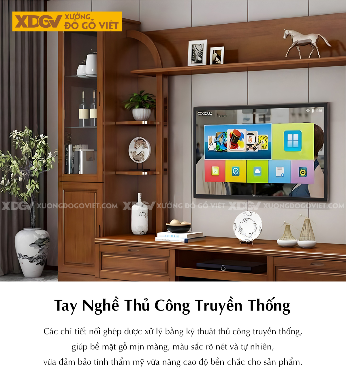 Kệ Tivi Gỗ Sồi Kết Hợp Tủ Kính Và Kệ Trang Trí Phòng Khách
