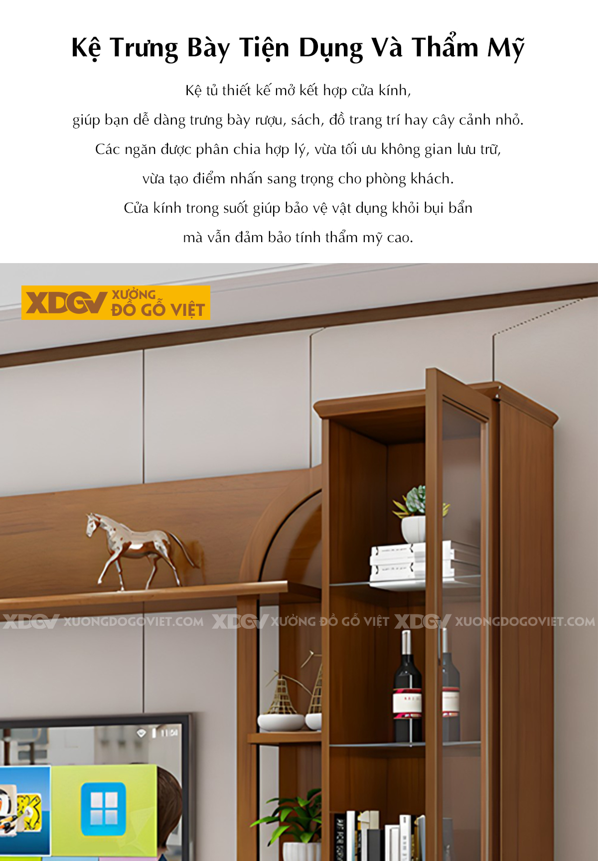 Kệ Tivi Gỗ Sồi Kết Hợp Tủ Kính Và Kệ Trang Trí Phòng Khách