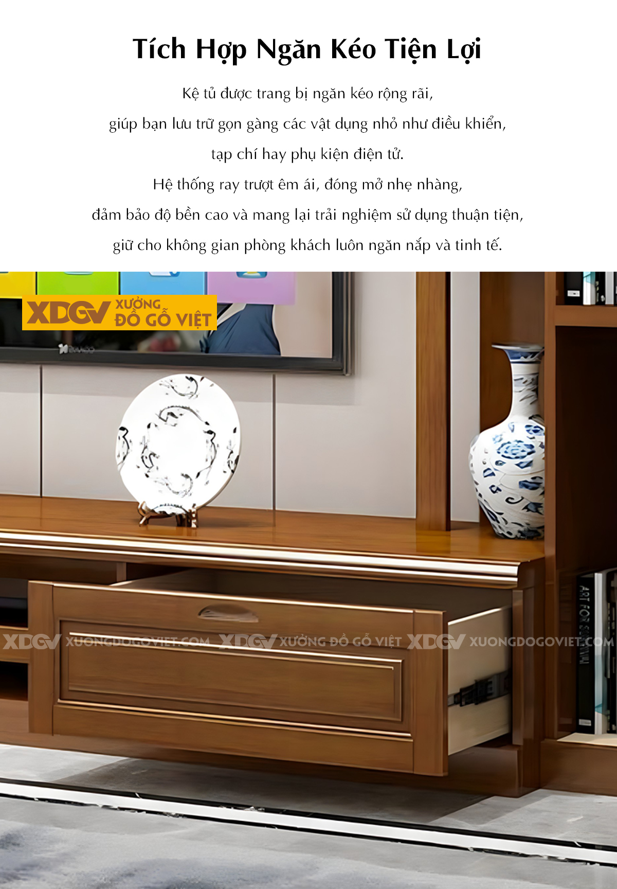 Kệ Tivi Gỗ Sồi Kết Hợp Tủ Kính Và Kệ Trang Trí Phòng Khách