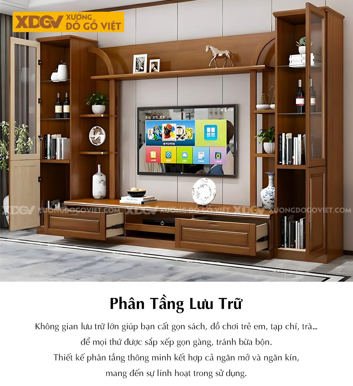 Kệ Tivi Gỗ Sồi Kết Hợp Tủ Kính Và Kệ Trang Trí Phòng Khách
