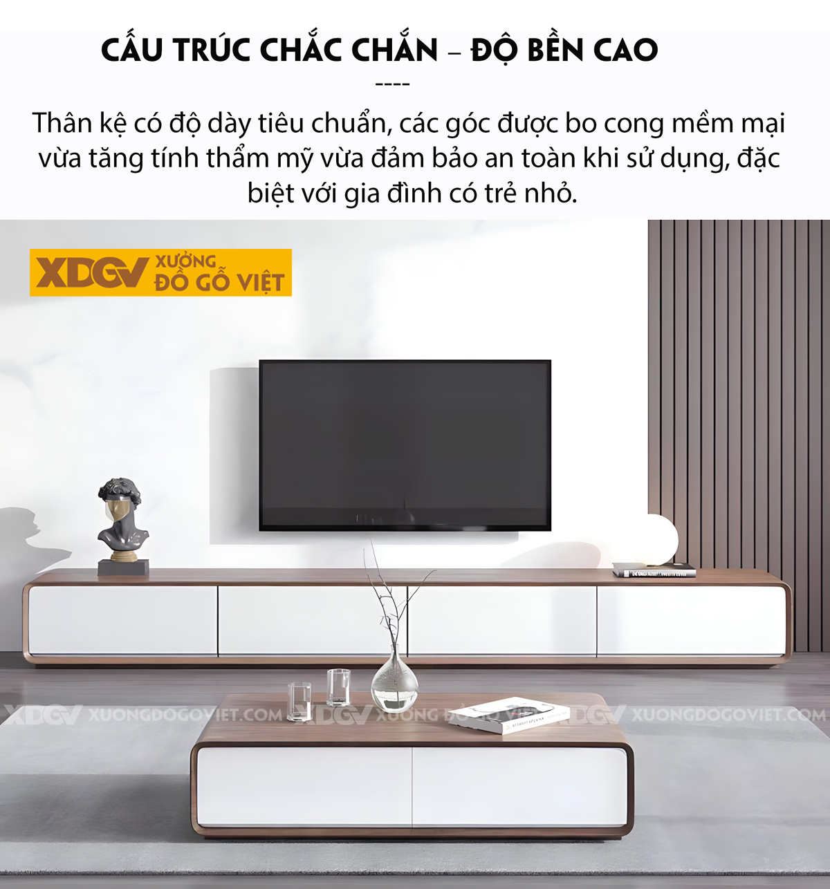 Kệ Tivi Gỗ Sồi Mỹ Cánh Ngăn Kéo Góc Bo Tròn Ghép Liền Mạch
