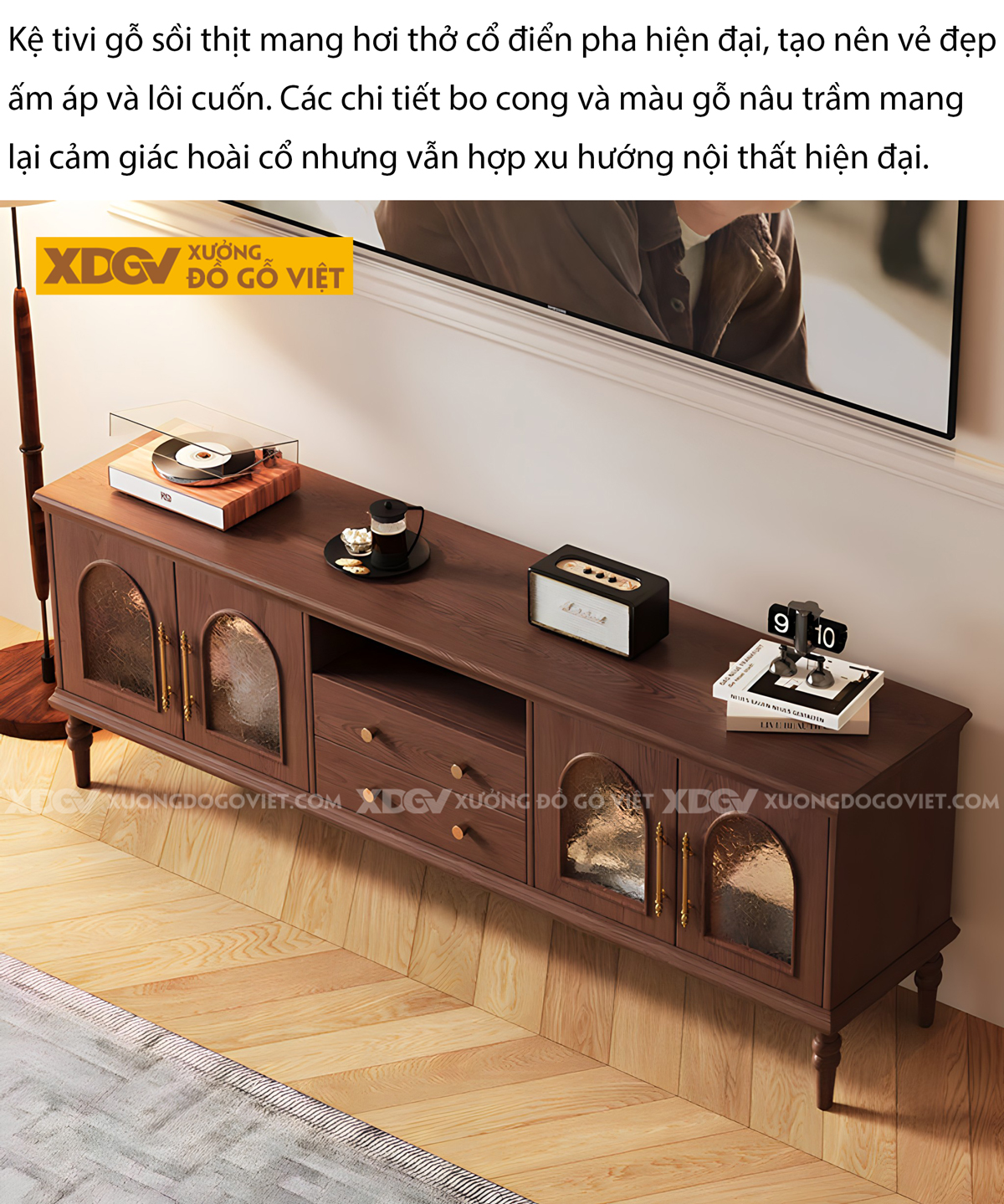 Kệ Tivi Gỗ Sồi Thiết Kế Kiểu Đông Dương Chân Cao Tiện Tròn