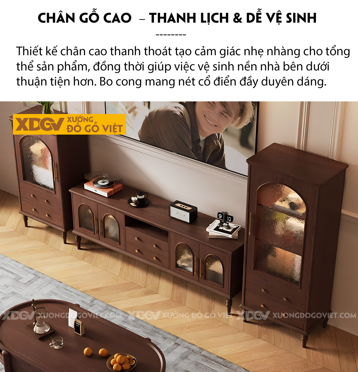 Kệ Tivi Gỗ Sồi Thiết Kế Kiểu Đông Dương Chân Cao Tiện Tròn