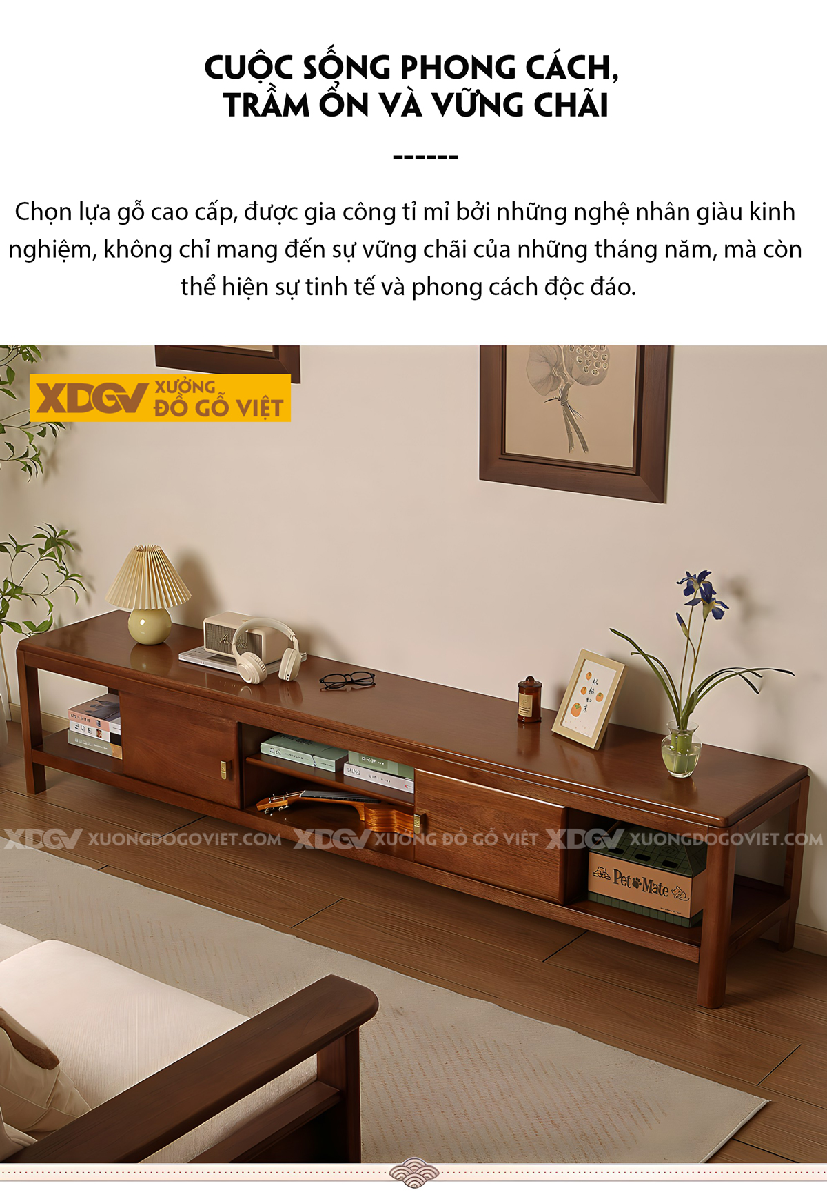 Kệ Tivi Gỗ Xoan Đào Phòng Khách Chân Cao Cánh Mở Có Hộc Đựng
