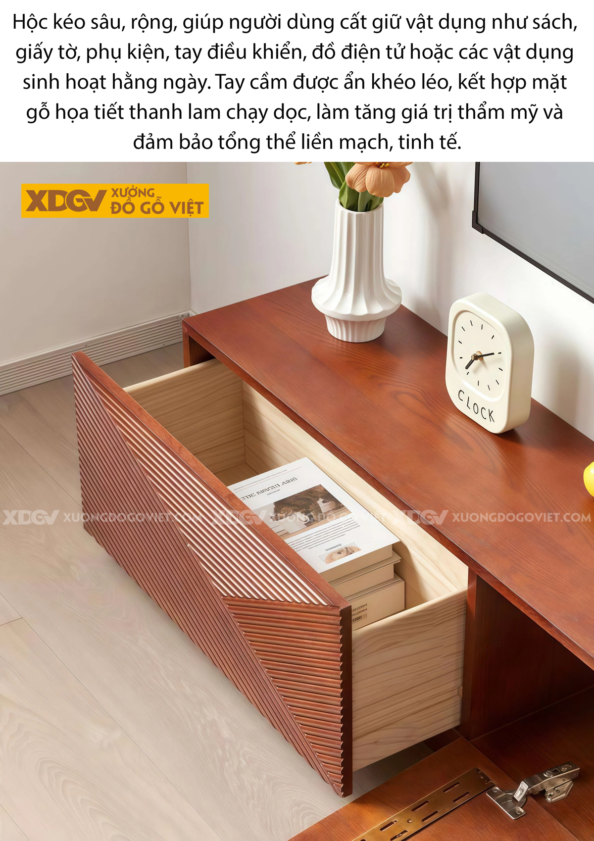 Kệ Tivi Gỗ Xoan Đào Thiết Kế Họa Tiết Hình Học hiện đại