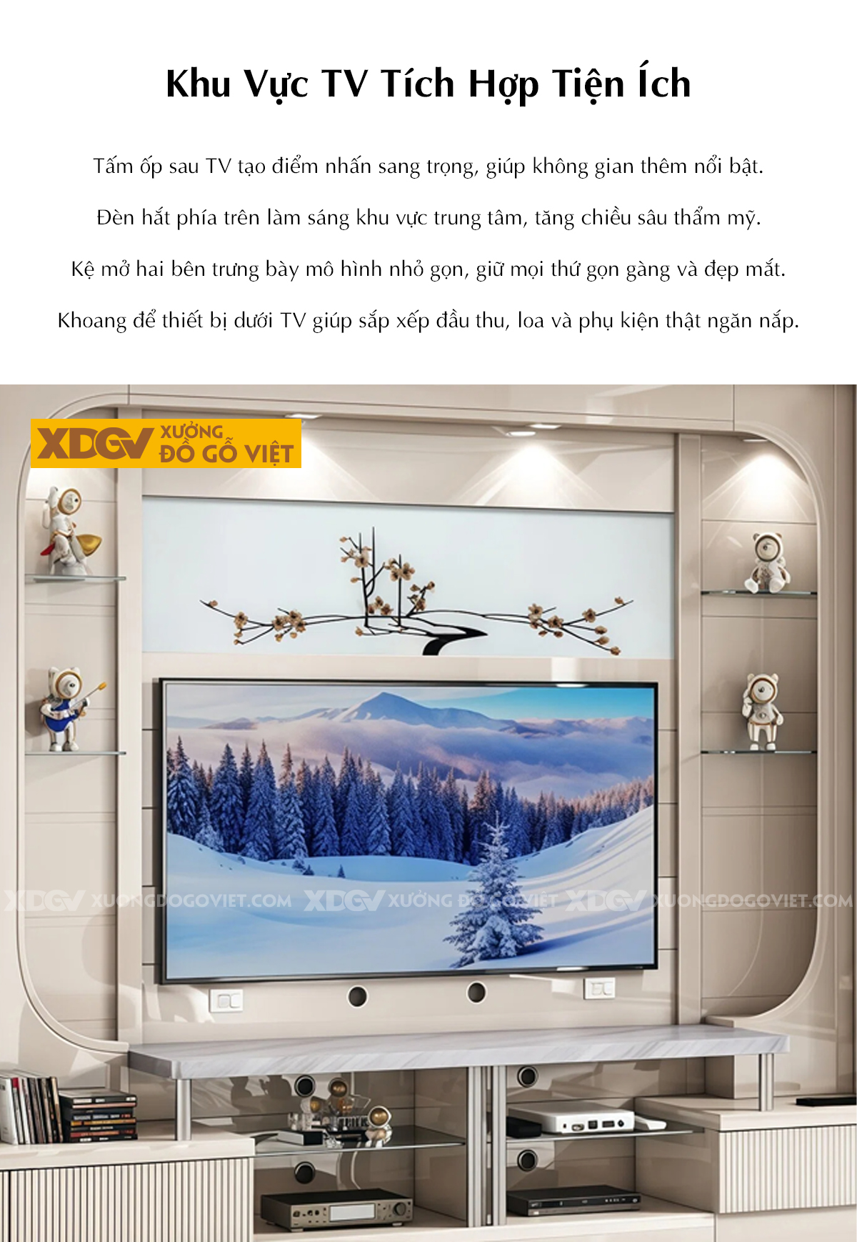 Kệ Tivi Kèm Tủ Gỗ MDF Tân Cổ Điển Tích Hợp Tủ Kính Trưng Bày