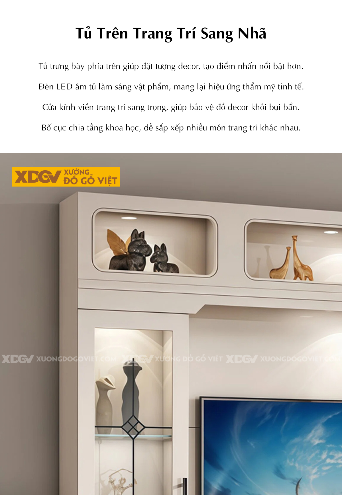 Kệ Tivi Kèm Tủ Gỗ MDF Tân Cổ Điển Tích Hợp Tủ Kính Trưng Bày