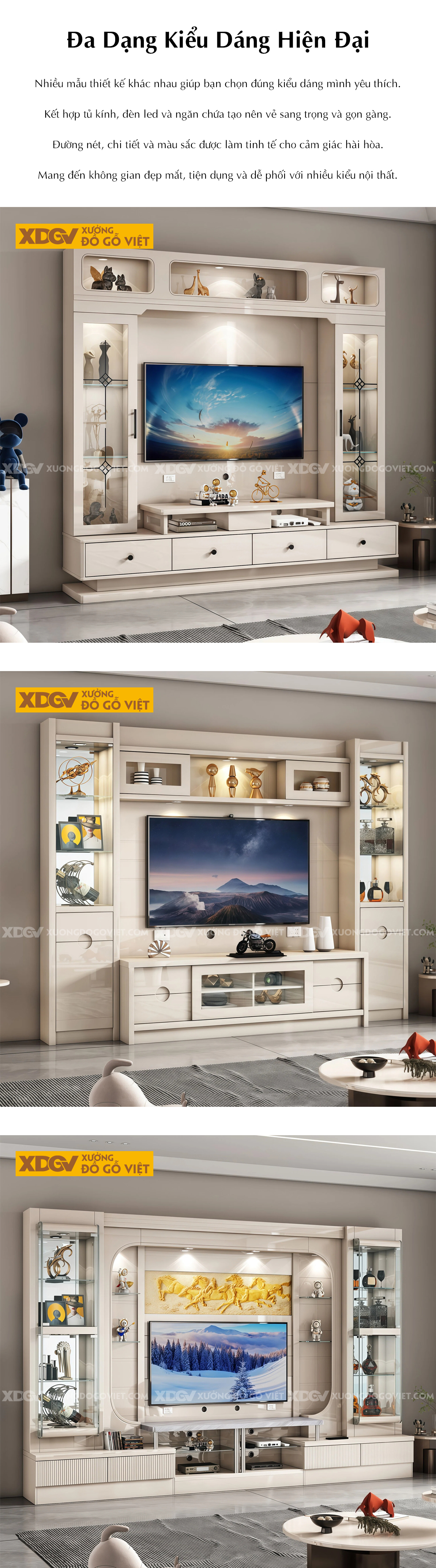 Kệ Tivi Kèm Tủ Gỗ MDF Tân Cổ Điển Tích Hợp Tủ Kính Trưng Bày