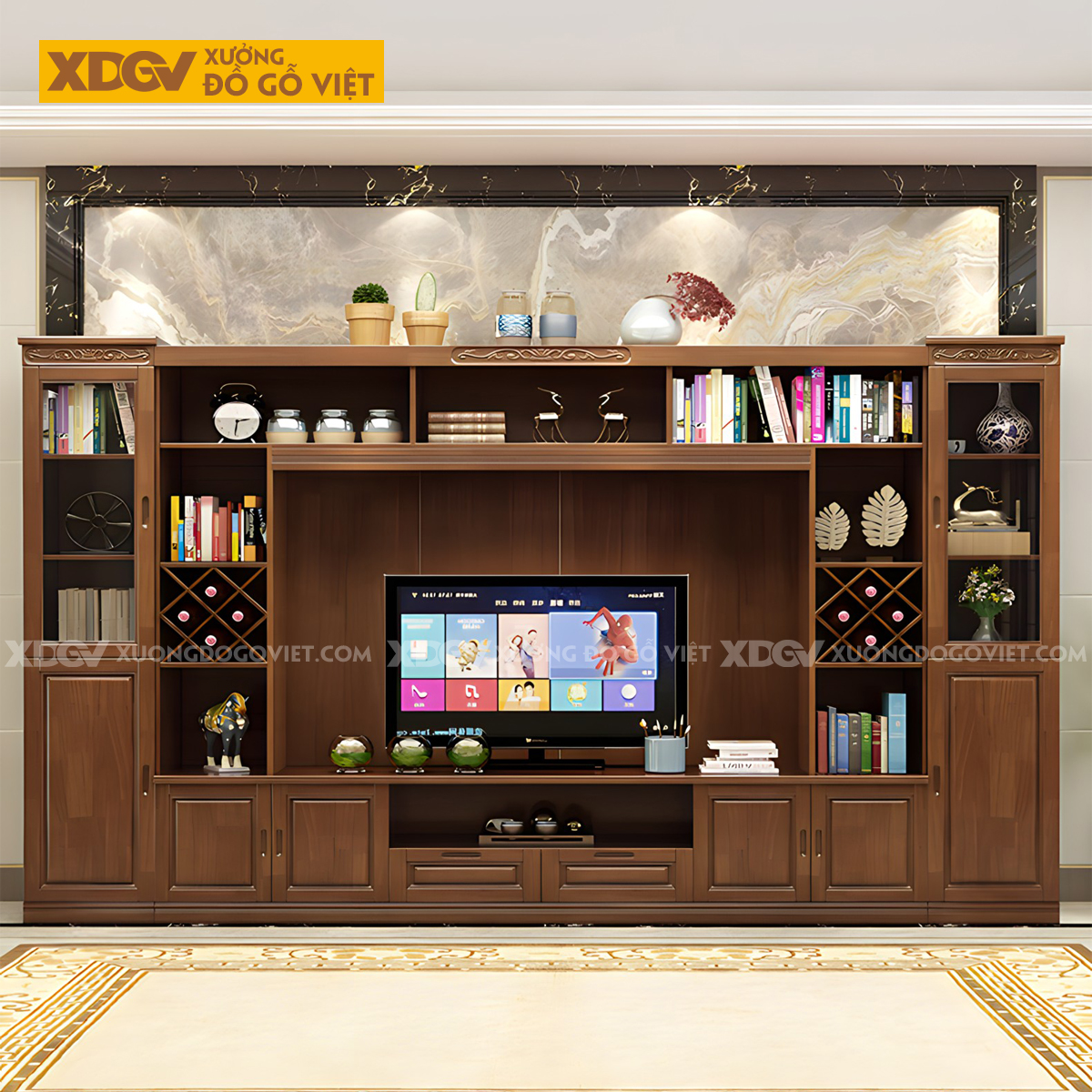 Kệ Tivi Kèm Tủ Gỗ Sồi Có Ngăn Để Rượu Chạm Họa Tiết Trên Nóc