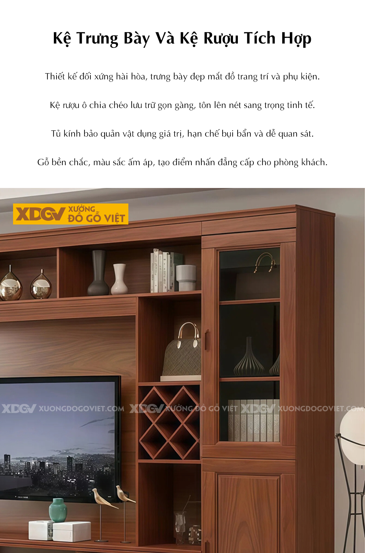 Kệ Tivi Kèm Tủ Trưng Bày Gỗ Gõ Đỏ Kết Hợp Kệ Rượu Và Tủ Kính